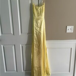 LUCY IN THE SKY Satin Slit Maxi Dress in Yellow